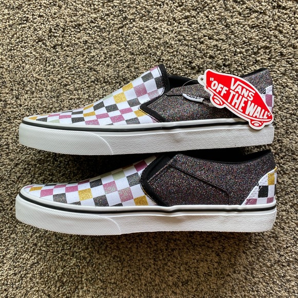 glitter checkerboard vans womens